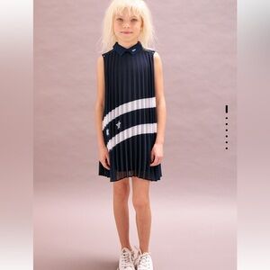 Ikks Navy Pleated Girl Dress with Shirt Collar